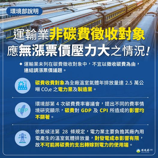 運輸業非碳費徵收對象，應無漲票價壓力大之情況